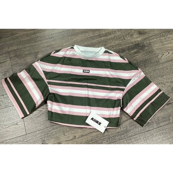 Aiirz Striped Cropped Womens T-Shirt Size M Green & Pink  Relax Fit Short Sleeve - Picture 2 of 10